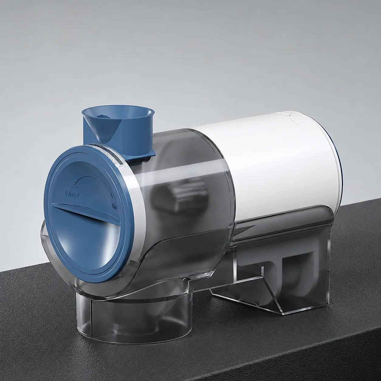 220ml automatic fish feeder with transparent food storage container and adjustable blue dispensing dial for aquarium fish feeding.