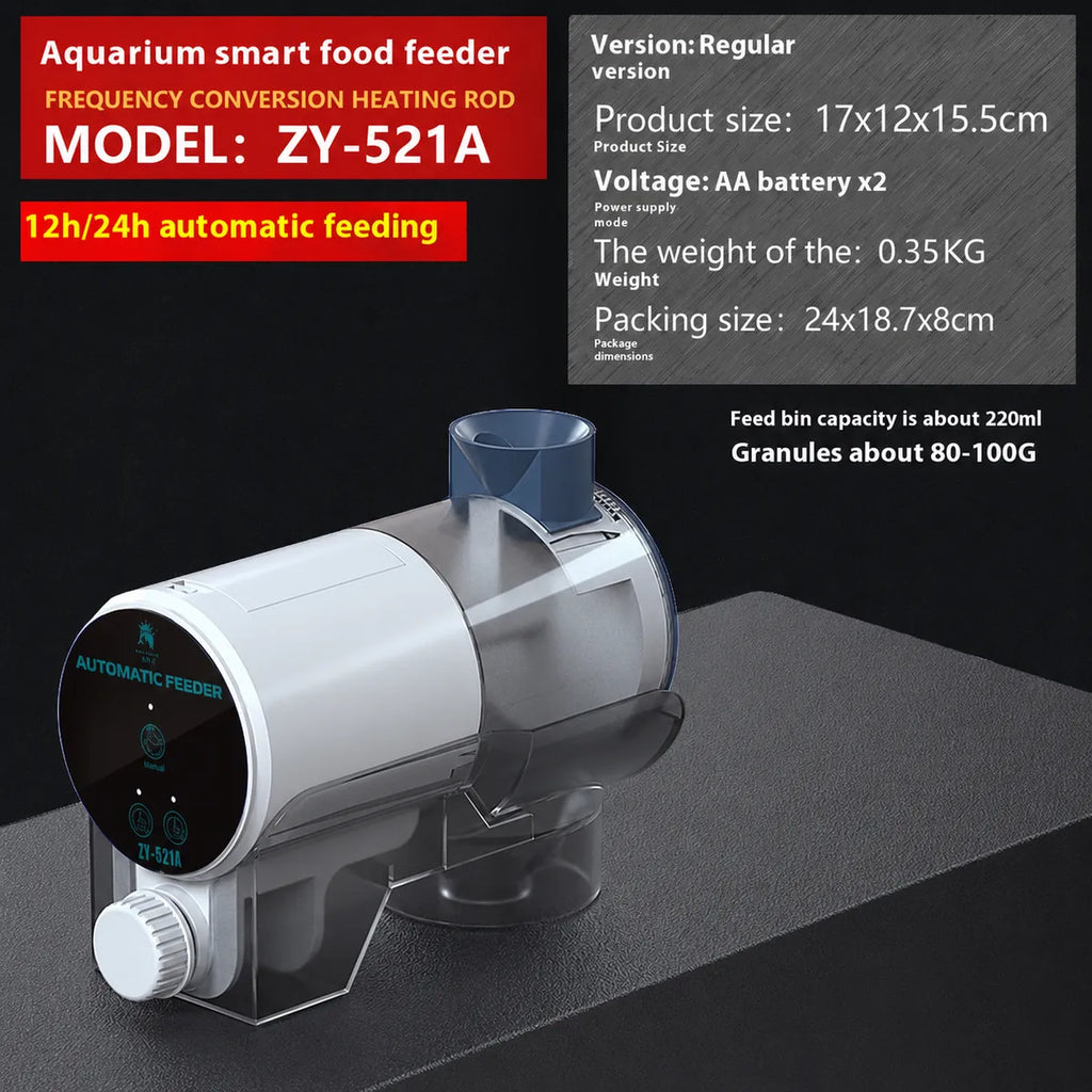 Aquarium Smart Food Feeder ZY-521A automatic fish feeder with 12/24-hour programmable feeding, 220 ml food container, and adjustable mounting bracket.