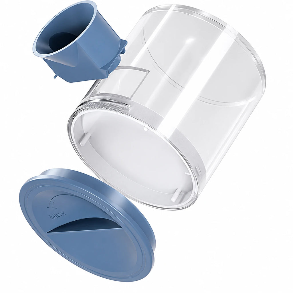 Transparent fish food container with detachable measuring cup and blue lid on a white background.