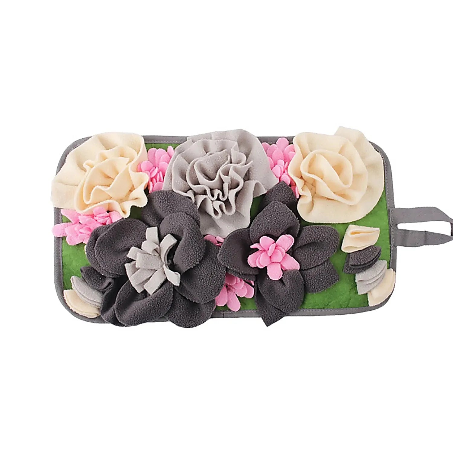 Interactive fleece flower pet foraging mat in cream, grey, pink and green designed for dogs, rabbits, guinea pigs and other small pets to encourage natural sniffing and foraging behavior.