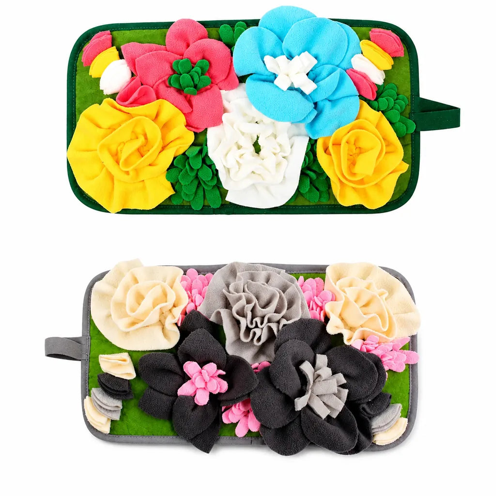 Floral pet snuffle mat available in colorful and neutral flower designs for dogs and cats, interactive feeding and enrichment mat.