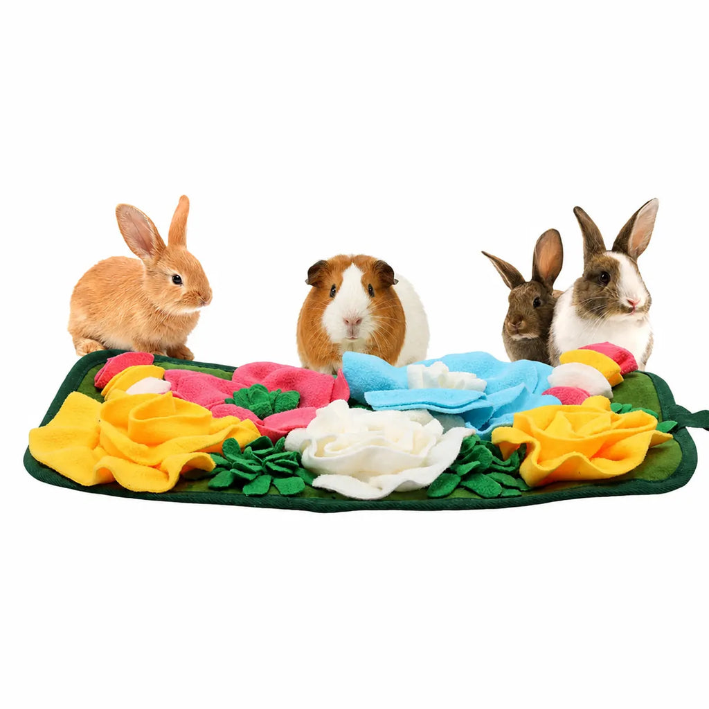 Colorful felt snuffle foraging mat with rabbits and a guinea pig on a white background for small pet enrichment.