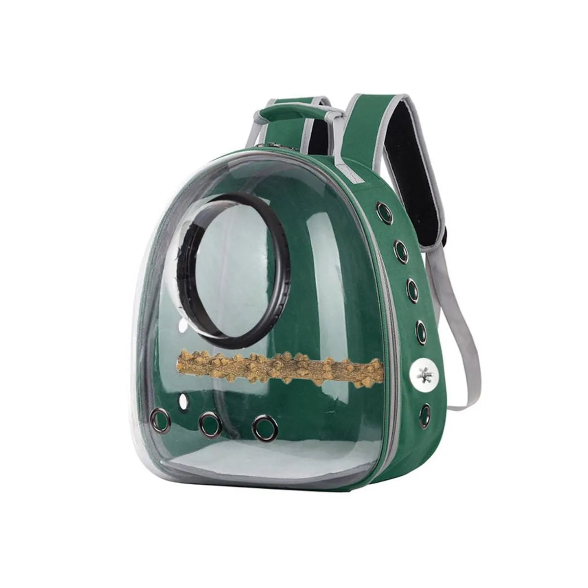 Green transparent pet carrier backpack with bubble window, ventilation holes and padded shoulder straps for safely transporting birds, cats, rabbits and other small pets.