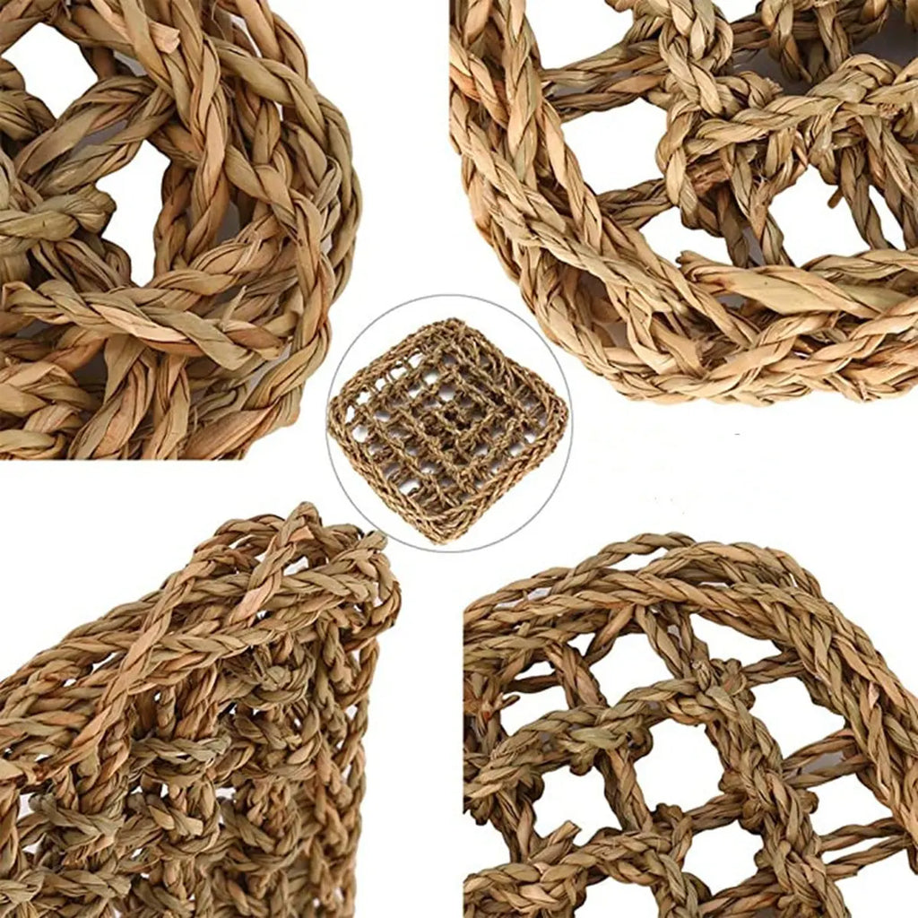 Close-up of a handwoven natural seagrass pet hammock showcasing durable braided fibers and breathable woven construction, ideal for birds, small pets, and natural habitat enrichment.