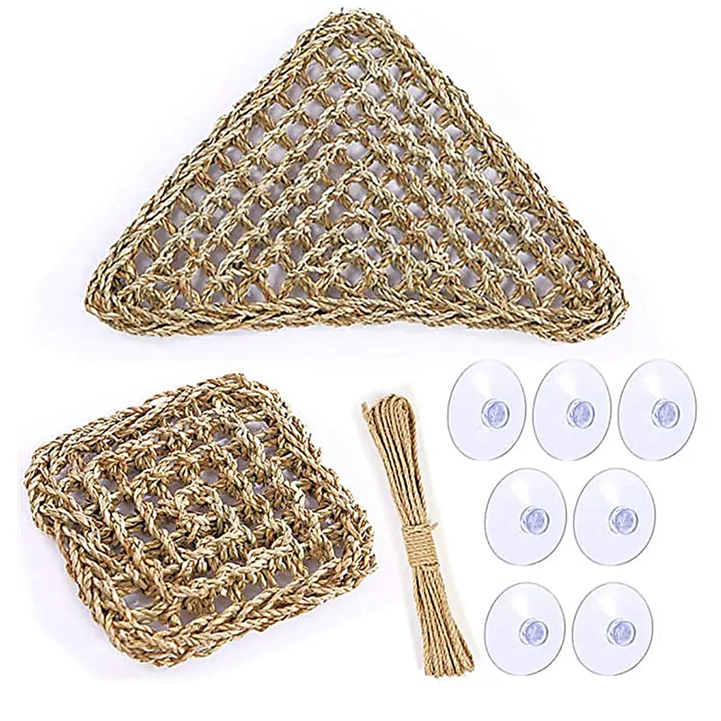Natural woven corner hammock and hanging mat set for small pets with suction cups and rope. Ideal for hamsters, guinea pigs, rats and other small animals to climb, rest and play.