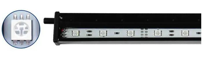 Close-up of a waterproof RGB aquarium LED light bar with exposed LED chips and inset showing the 4-pin RGB LED module on a white background.