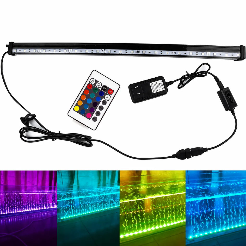 RGB LED aquarium light bar kit with remote control, power adapter and multiple color lighting modes including purple, cyan, green and blue for fish tanks.