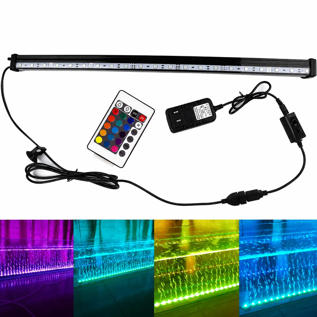RGB LED aquarium light bar kit with remote control, power adapter and multiple color lighting modes including purple, cyan, green and blue for fish tanks.