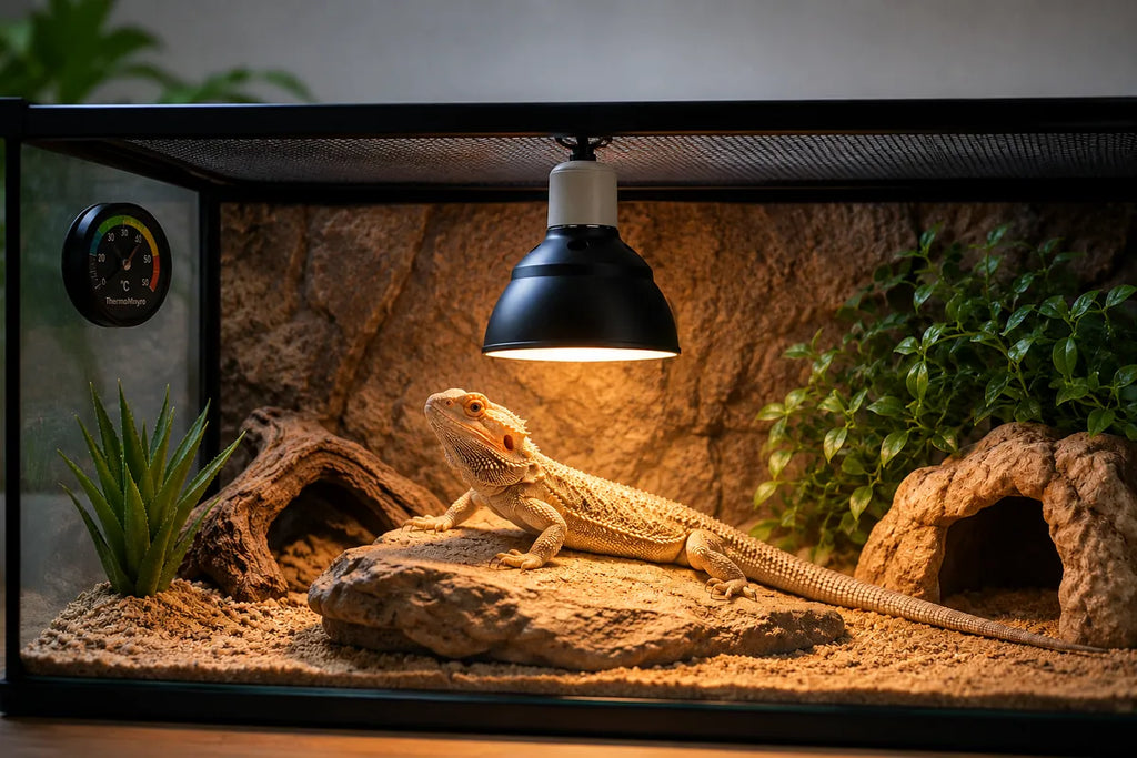 Realistic bearded dragon basking inside a natural terrarium beneath a hanging UV lamp dome, featuring desert décor, basking rock and warm habitat lighting.