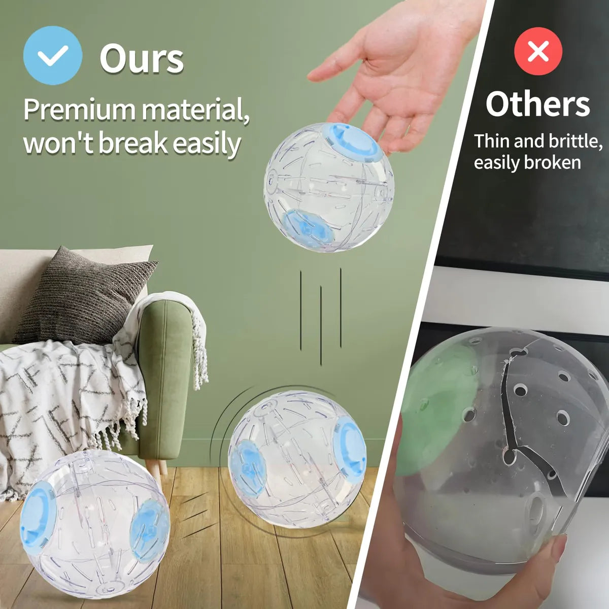 Durable transparent hamster exercise ball made from premium impact-resistant plastic, comparing strong construction with a brittle competitor that cracked after dropping.