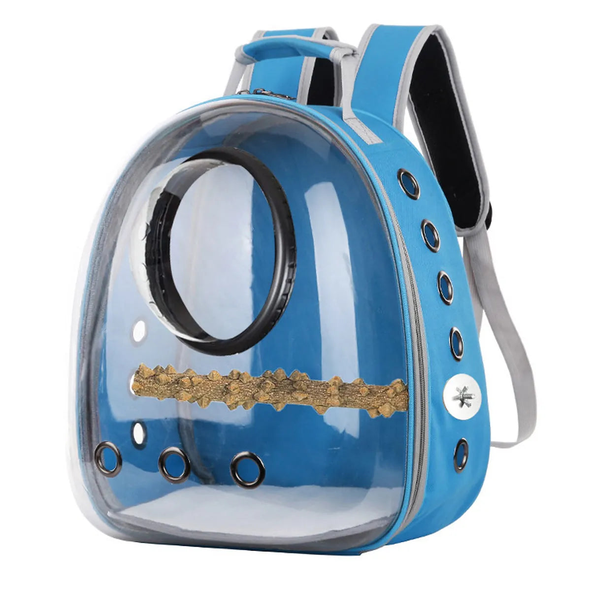 Blue transparent pet carrier backpack with bubble window and ventilation holes for cats, small dogs and other small pets.