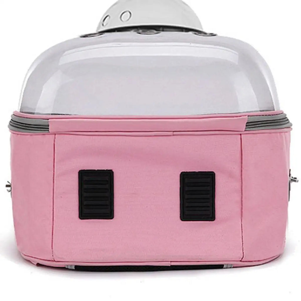 Pink pet backpack carrier with transparent bubble dome, front and bottom view, lightweight travel carrier for cats, rabbits, guinea pigs and other small pets.