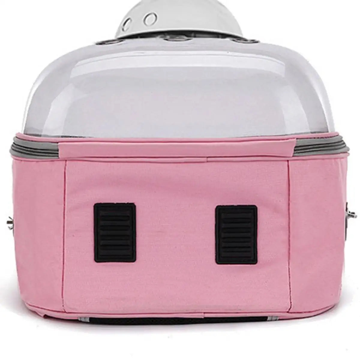 Pink pet backpack carrier with transparent bubble dome, front and bottom view, lightweight travel carrier for cats, rabbits, guinea pigs and other small pets.