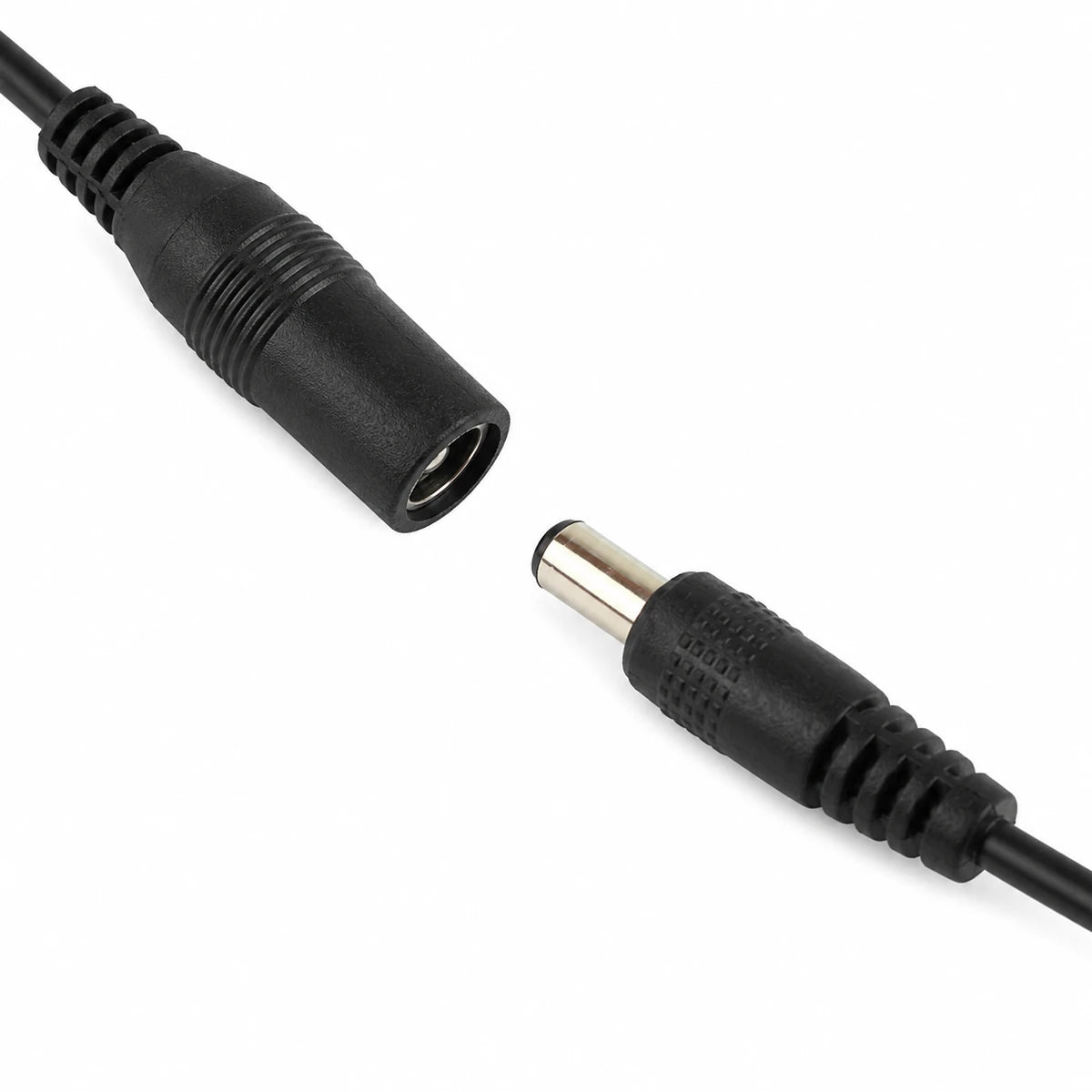 Black DC barrel power connector with male and female 12V DC plugs on a white background for aquarium LED lights and electronic power supply applications.