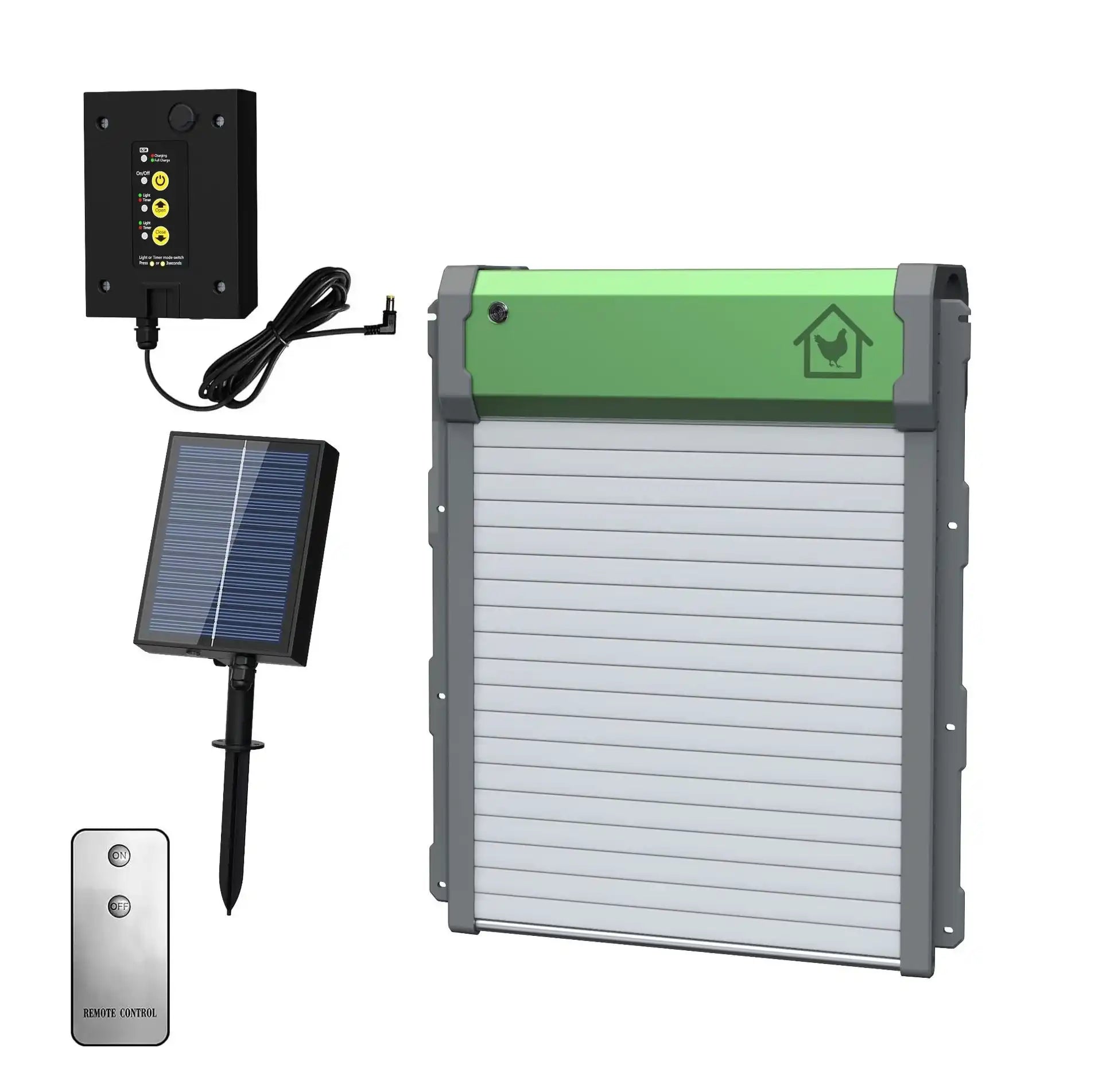 Solar powered automatic chicken coop roller door kit including aluminium roller door, solar panel, controller and remote control on a white background.
