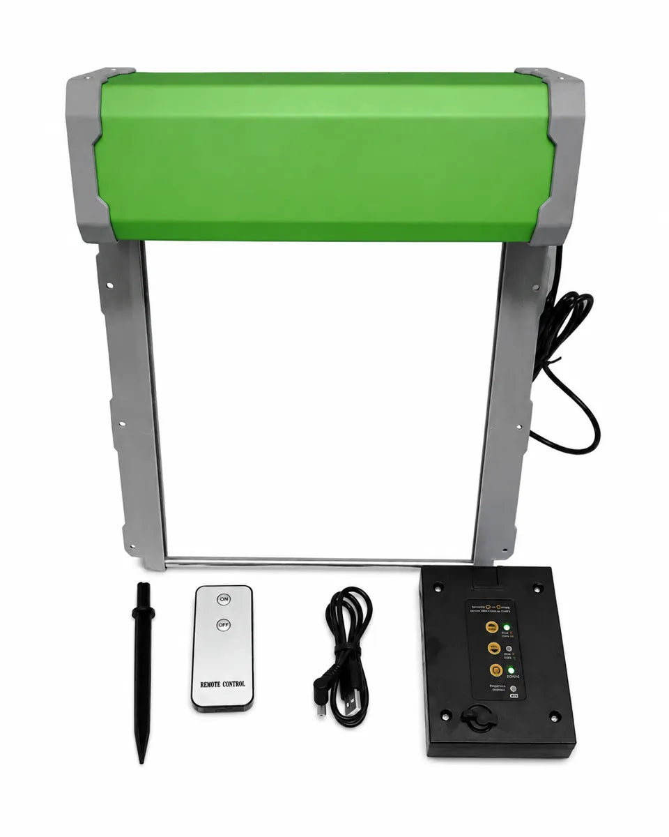Green automatic door system with remote control, USB cable, control box, and accessories displayed on a white background.