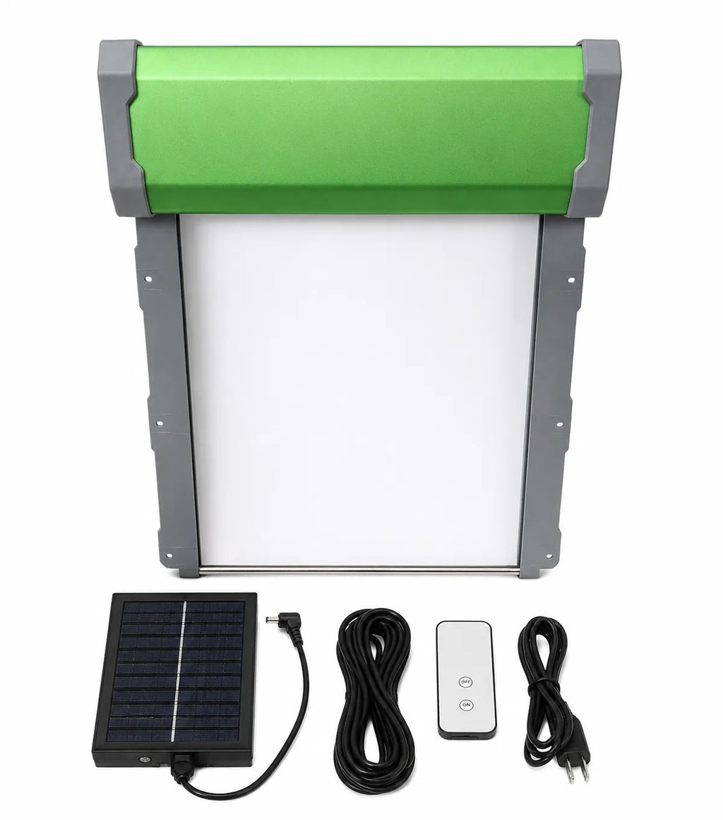 Solar-powered automatic chicken coop roller door with remote control, solar panel, power cable, and installation accessories on a white background.