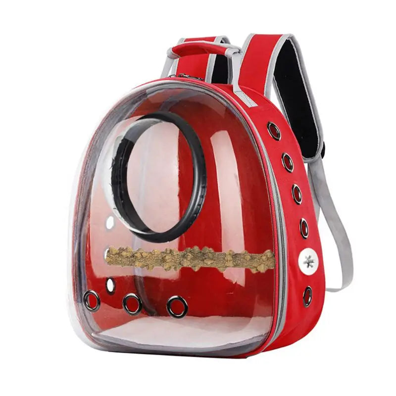 Red transparent pet carrier backpack with bubble window and ventilation holes for cats, small dogs, rabbits, and other small pets.