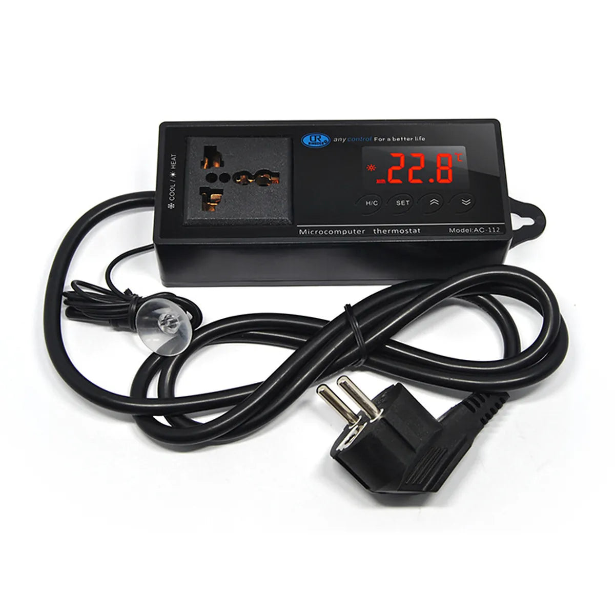 Digital reptile thermostat with EU plug and external temperature probe for precise terrarium heating and cooling control. Ideal for reptiles, amphibians and vivarium habitats.