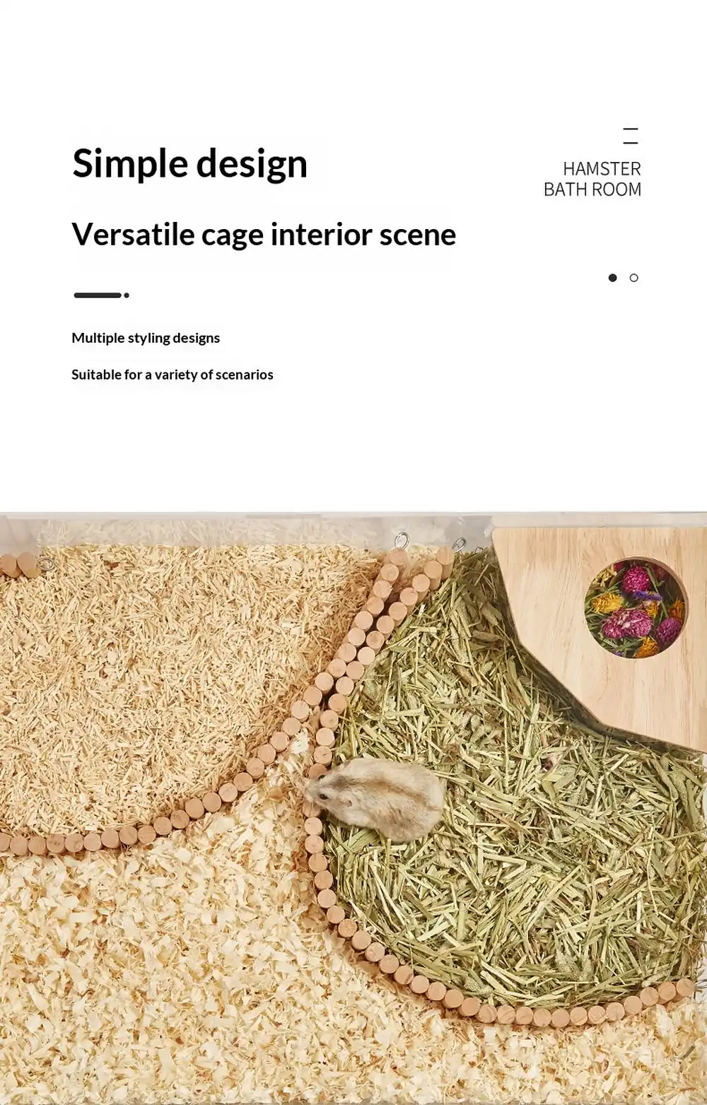 Top view of a hamster bathroom sand box inside a cage featuring separate sections for sand, bedding, and hay with a dwarf hamster exploring the enclosure.
