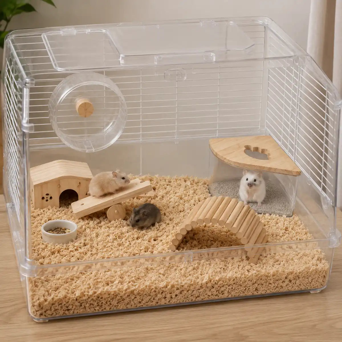 Transparent hamster cage with wooden hideout, exercise wheel, bridge, sand bath and three dwarf hamsters in a spacious natural habitat.