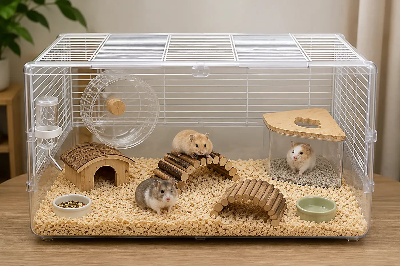 Transparent hamster cage with three pet hamsters, wooden hideout, exercise wheel, corner sand bath, water bottle, bridges, food bowl, and deep bedding in a natural indoor setting.