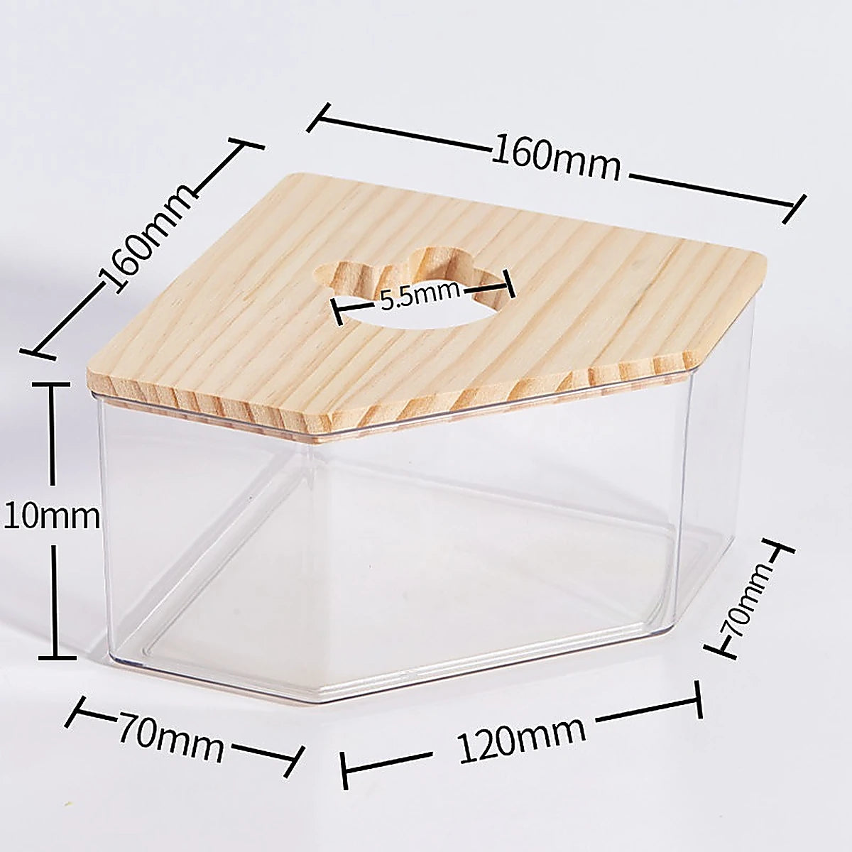 Large clear acrylic corner sand bath with natural wooden lid for hamsters and small pets, measuring 160 × 160 × 100 mm.