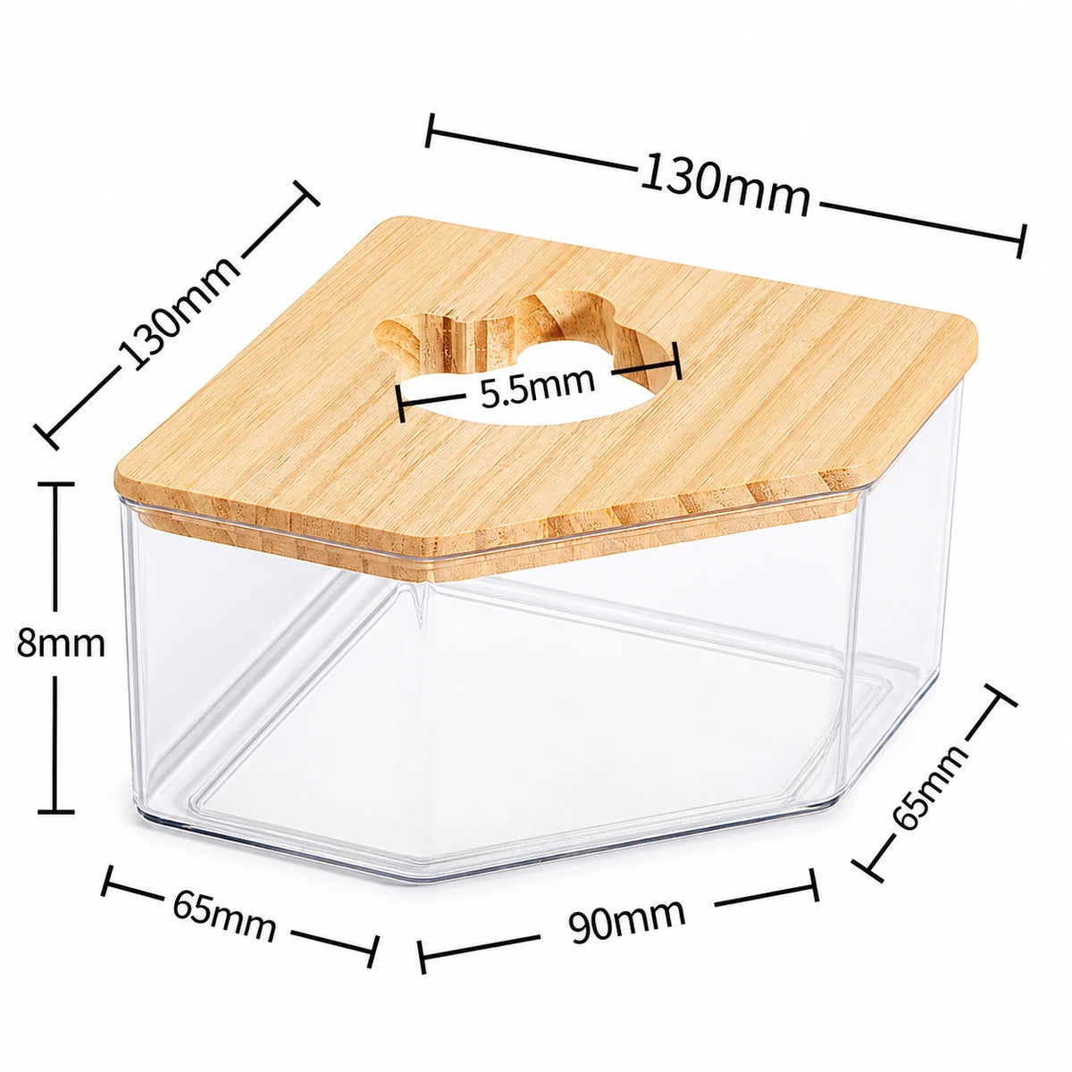 Large clear acrylic corner sand bath with natural wooden lid for hamsters and small pets, measuring 130 × 130 × 100 mm.
