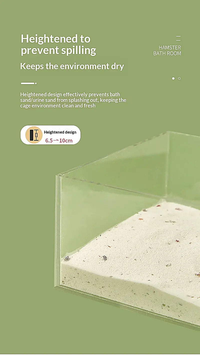 Transparent hamster bath room with a heightened 10 cm wall designed to prevent bath sand and litter from spilling, helping keep the cage clean and dry.