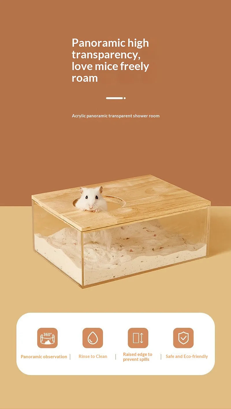 Transparent acrylic hamster sand bath box with wooden lid, panoramic viewing design, filled with sand and a white hamster peeking through the top opening.