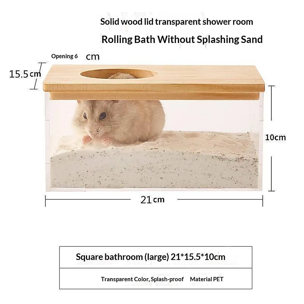 Large transparent PET hamster sand bath with wooden lid and splash-proof design, measuring 21 × 15.5 × 10 cm, suitable for hamsters and other small pets.
