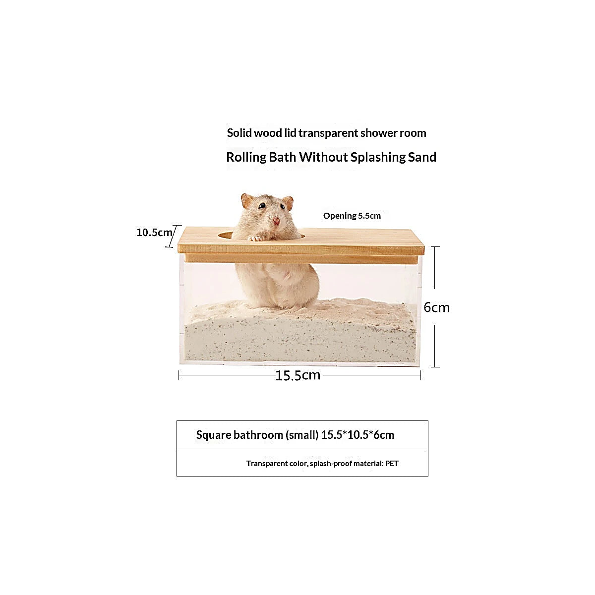 Small transparent hamster sand bath box with a solid wood lid, splash-proof PET enclosure, and 5.5 cm opening for clean, mess-free bathing.