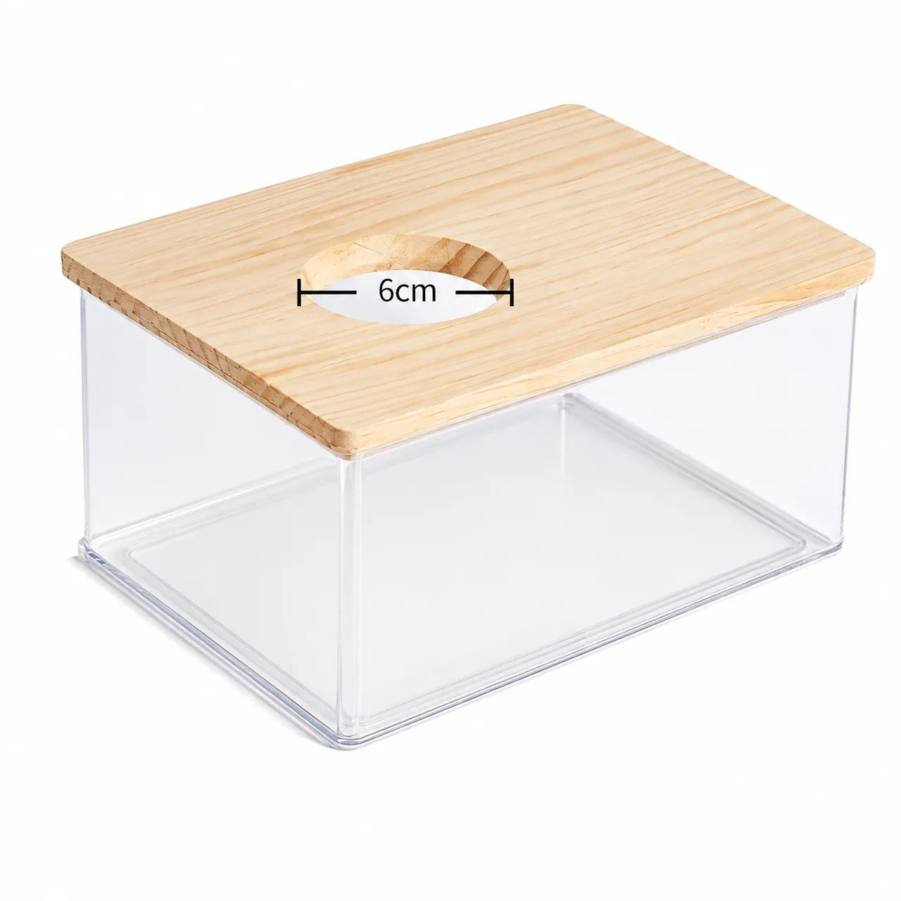 Clear acrylic small pet enclosure with a natural wooden lid and a 6 cm diameter ventilation opening on a white background.