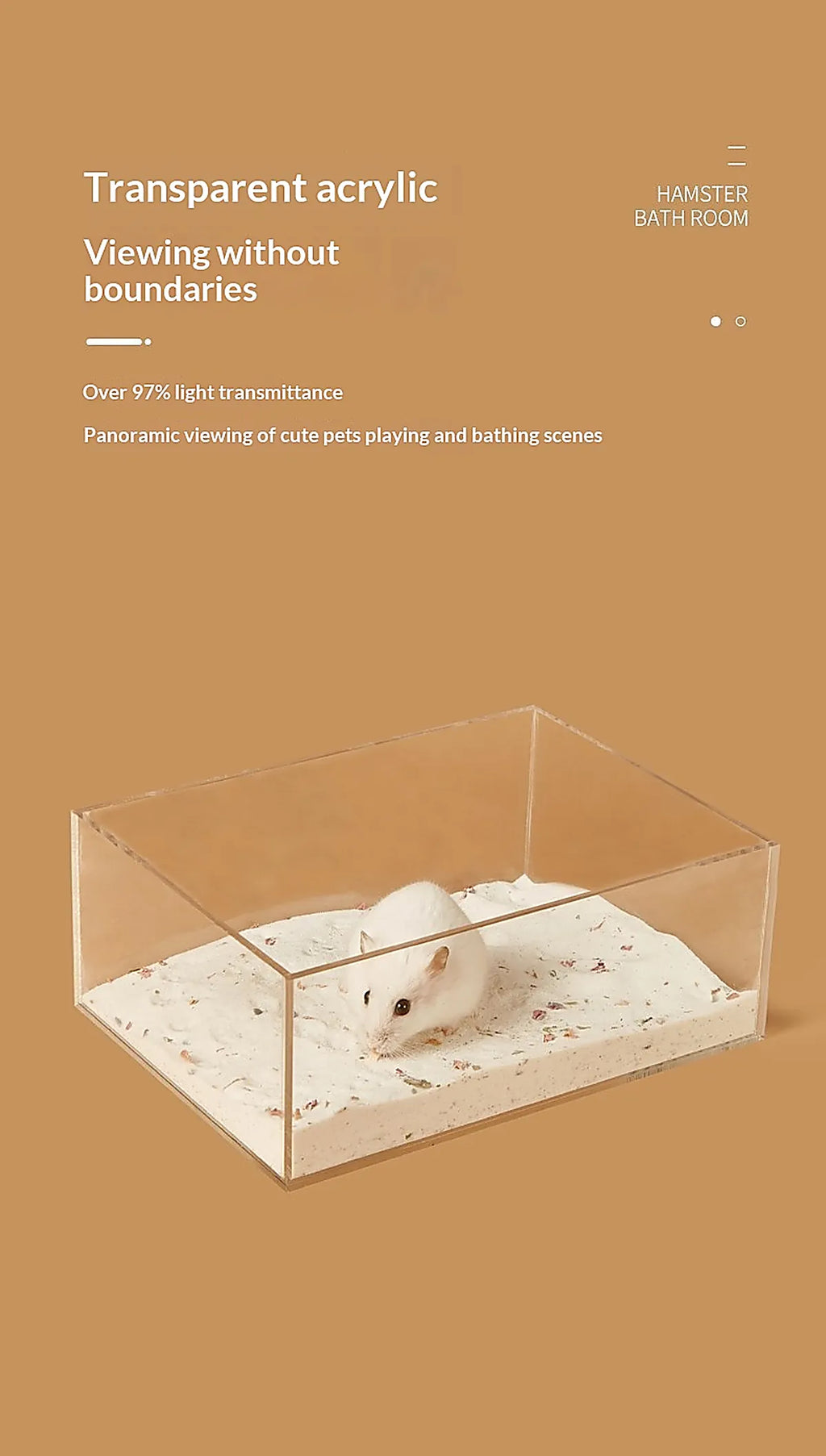 Transparent acrylic hamster sand bath box with white hamster inside on sand bedding, providing a clear panoramic view for small pet habitats.