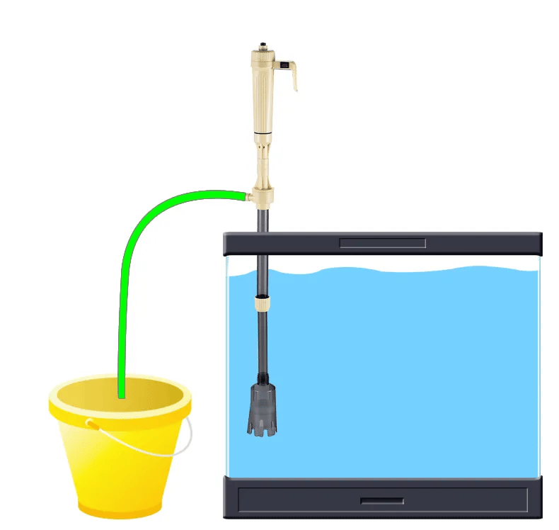 Battery-operated aquarium gravel cleaner siphon pump cleaning gravel inside a fish tank, with a green drain hose transferring dirty water into a yellow bucket.