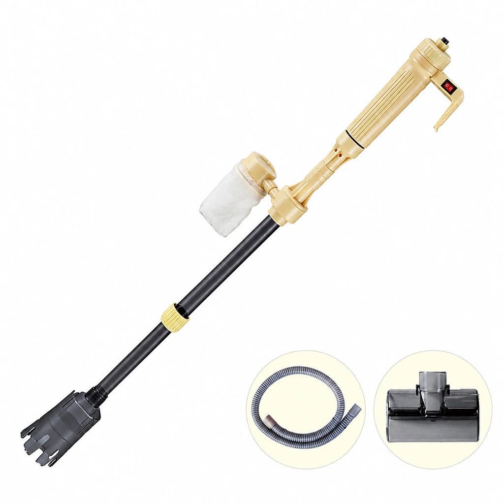 Electric siphon pump with extension tube, filter attachment, flexible hose and nozzle accessories on a white background.