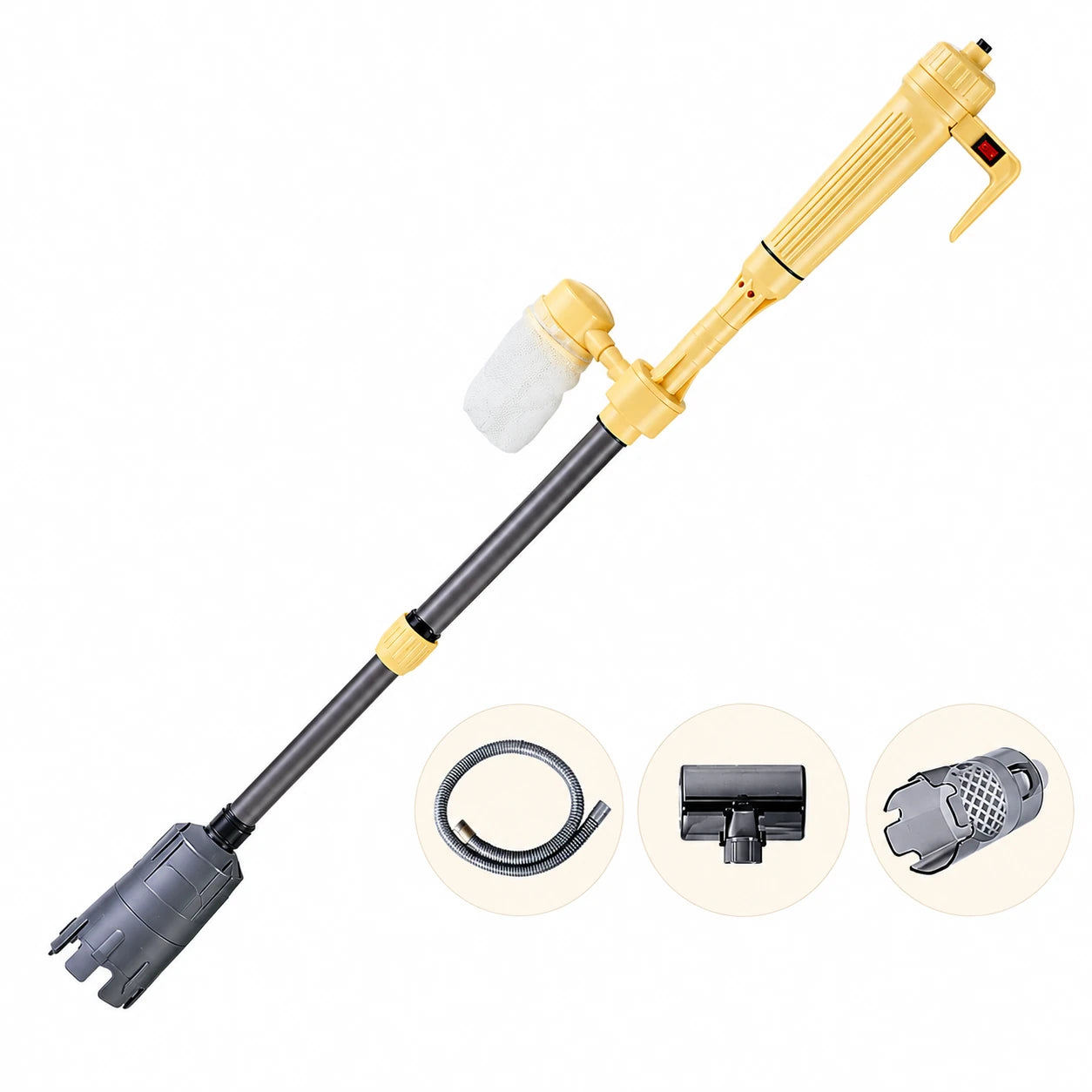 Electric battery-powered siphon pump with hose, floor nozzle, and filter accessories on a white background.