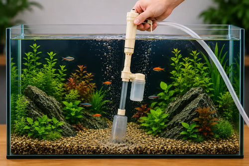 Aquarium gravel cleaner siphon pump cleaning substrate in the centre of a planted freshwater aquarium during routine water maintenance.