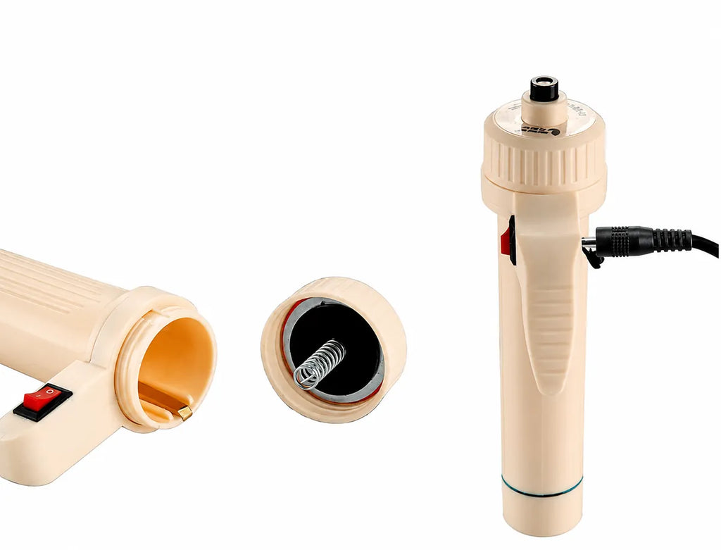 Battery-powered siphon pump handle with removable battery cap and spring, isolated on a white background.