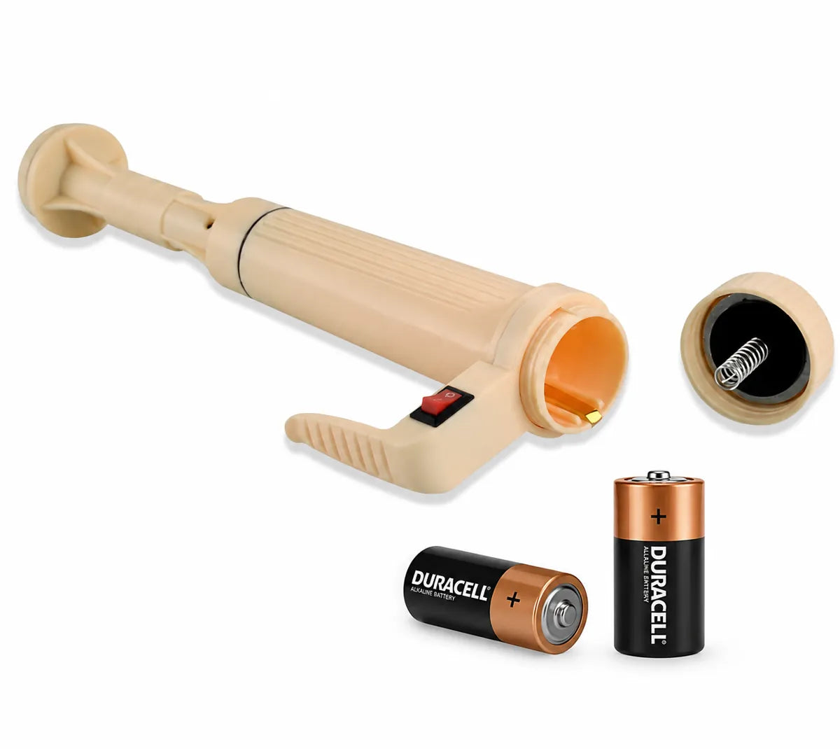 Battery-powered liquid transfer pump with battery compartment cap removed and two Duracell batteries on a white background.
