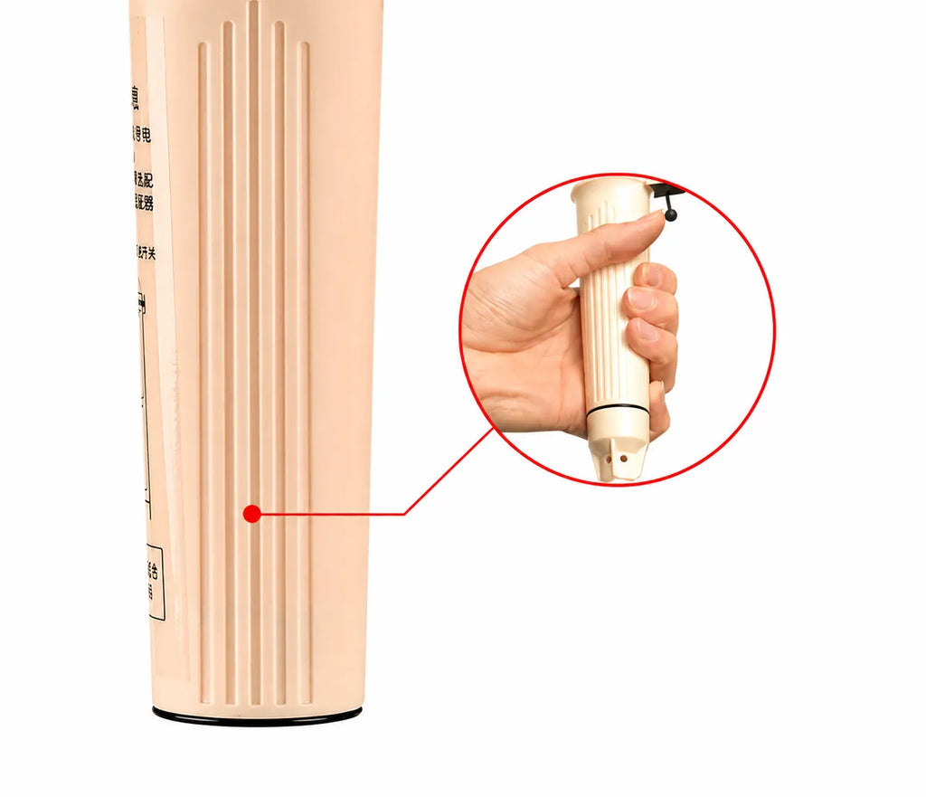 Ergonomic ribbed siphon pump handle with close-up inset showing comfortable hand grip on a white background.