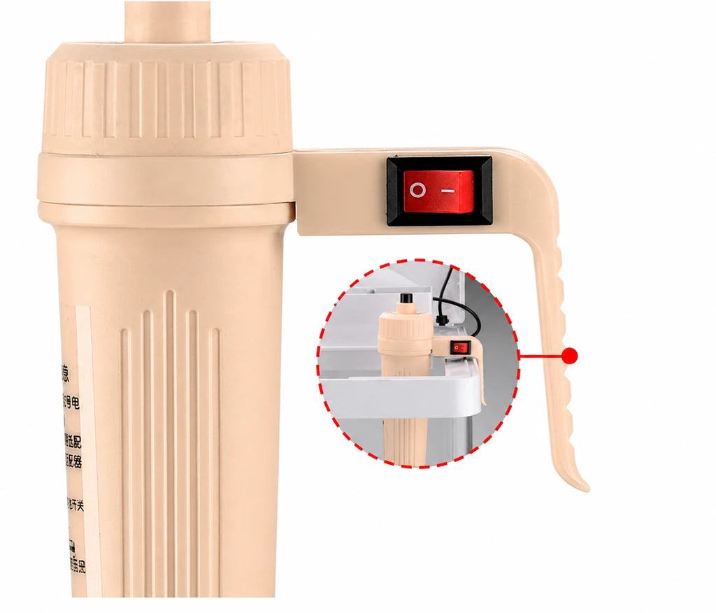 Electric siphon pump handle with integrated red on/off switch on a white background, featuring a zoomed inset showing the pump mounted in use.