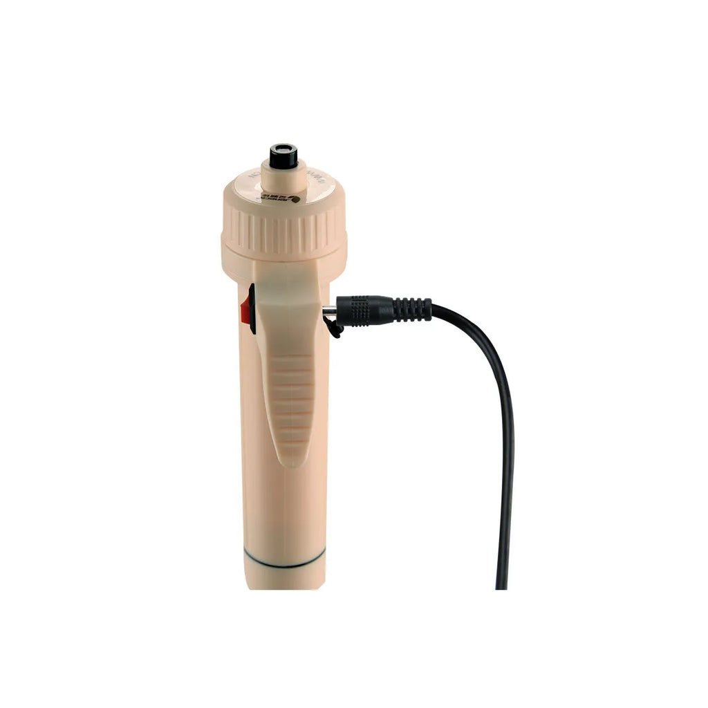 Portable battery-powered siphon pump handle with power cable attached on a white background for easy liquid transfer.