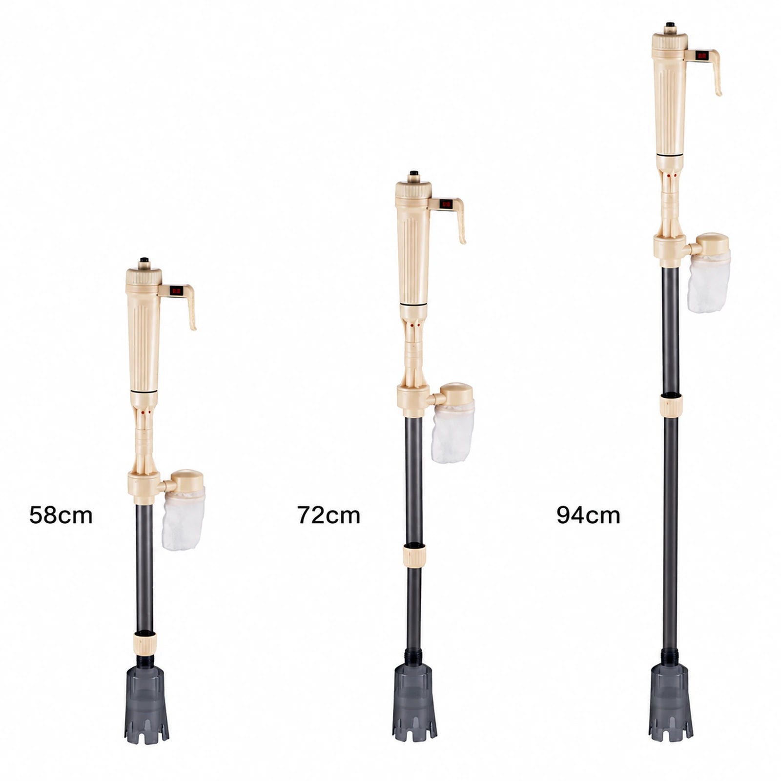 Manual siphon pump available in 58 cm, 72 cm and 94 cm lengths with integrated filter bag shown on a white background.