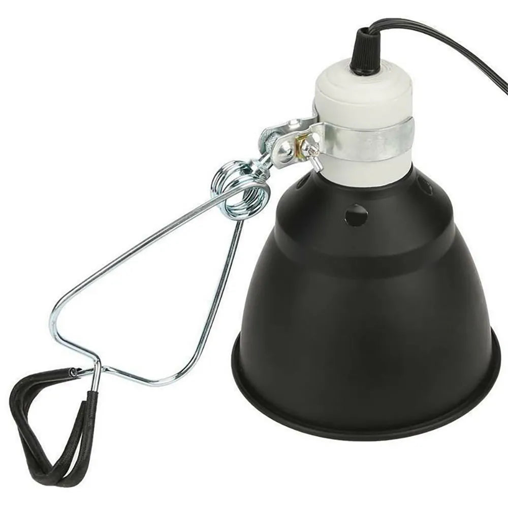 Durable black ceramic heat lamp with metal reflector and hanging guard, ideal for reptile enclosures, poultry brooders, pet heating, and livestock care.