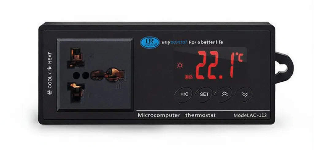 A black LR electrical smart thermostat and outlet controller, model AC-112, featuring a digital red LED display showing 22.1 degrees Celsius, with a three-pronged power outlet on the left and control buttons on the right.