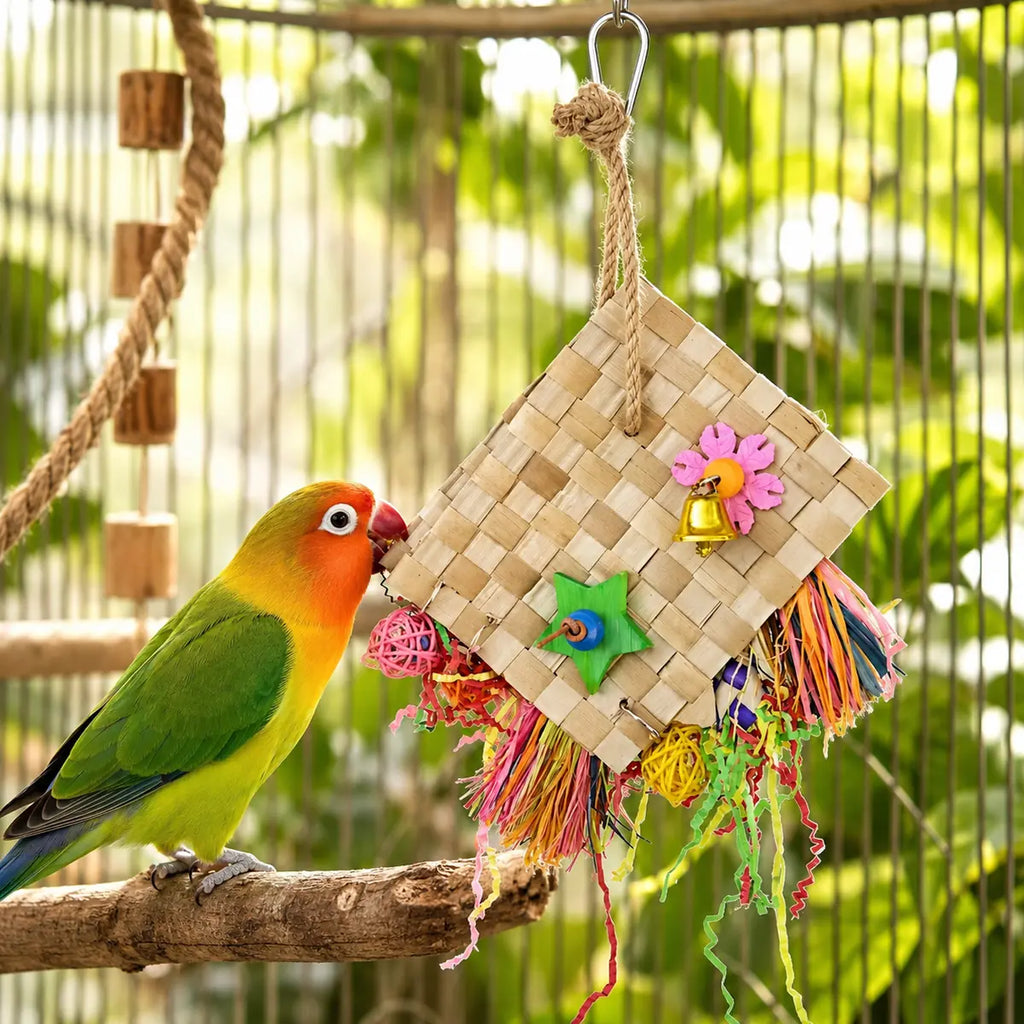 Colorful parrot playing with a natural woven hanging bird toy inside a birdcage with colorful shredding materials and bell.