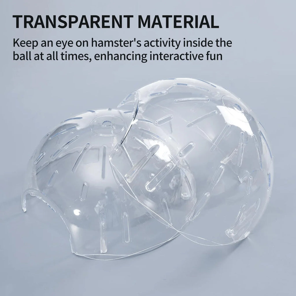Transparent plastic hamster exercise ball shown in two halves with ventilation slots and a clear design for monitoring your pet during play.