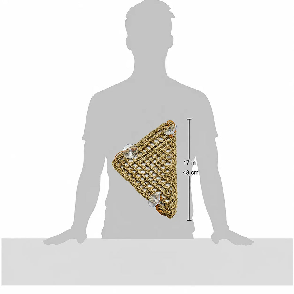 Triangle woven pet hammock size guide showing 43 cm (17 inch) dimensions against a human silhouette.