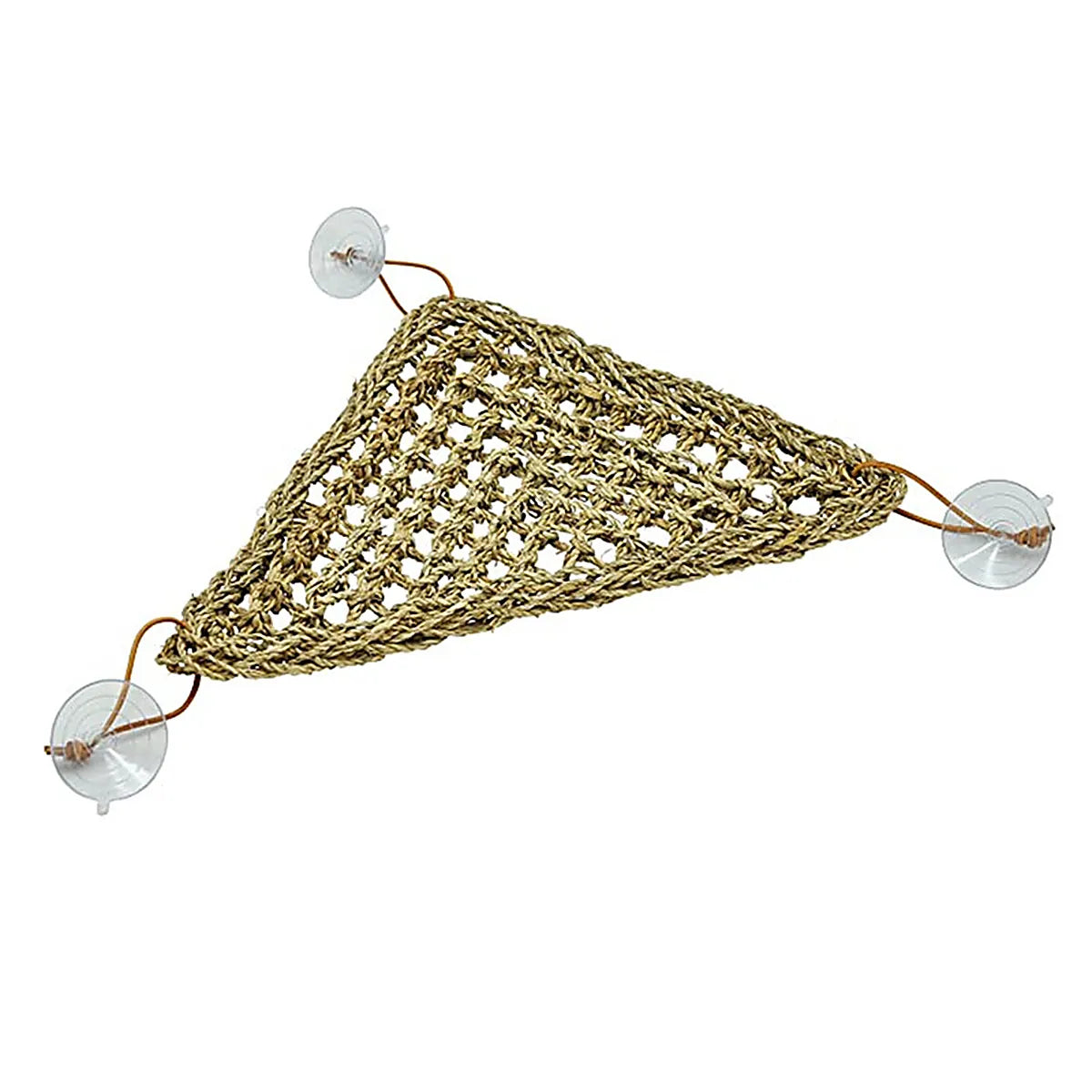 Natural woven triangular reptile hammock with three strong suction cups, providing a comfortable climbing and resting platform for lizards, geckos, bearded dragons and other terrarium pets.